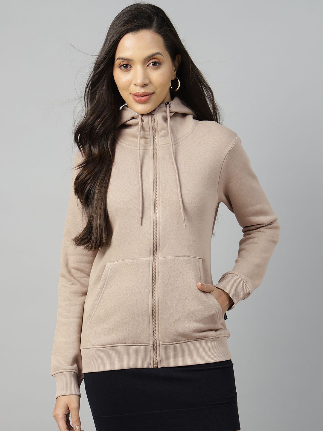 

Hancock Women Beige Long Sleeves Hooded Neck Front-Open Sweatshirt