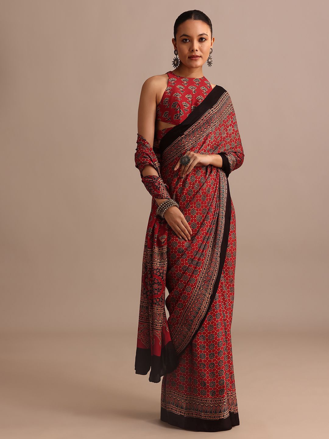 

KALKI Fashion Ajrak Block Printed Satin Saree, Red