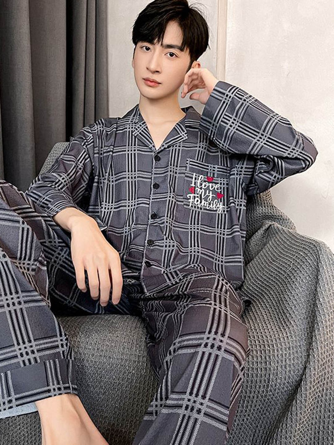 

StyleCast Men Long Sleeves Shirt With Pyjama Night Suit, Grey
