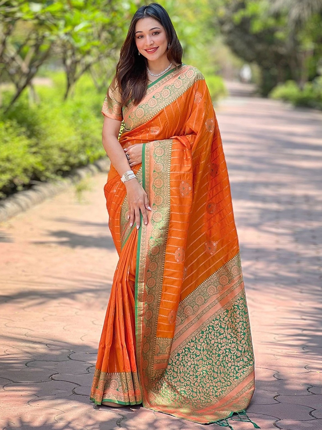 

ODETTE Striped Woven Design Zari Saree, Orange