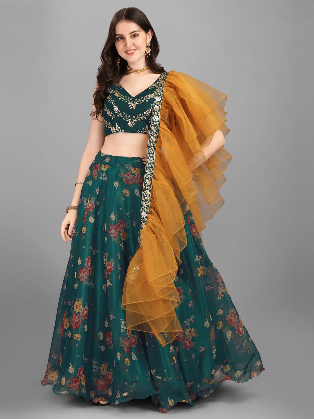 

KALINI Embroidered Semi-Stitched Lehenga & Unstitched Blouse With Dupatta, Green