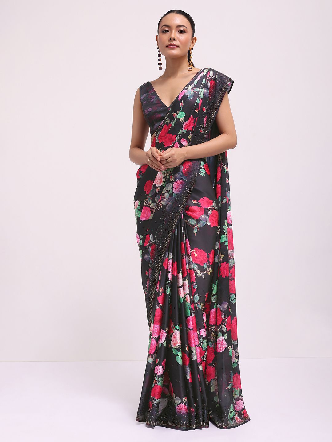 

KALKI Fashion Floral Printed Beads and Stones Satin Saree, Black