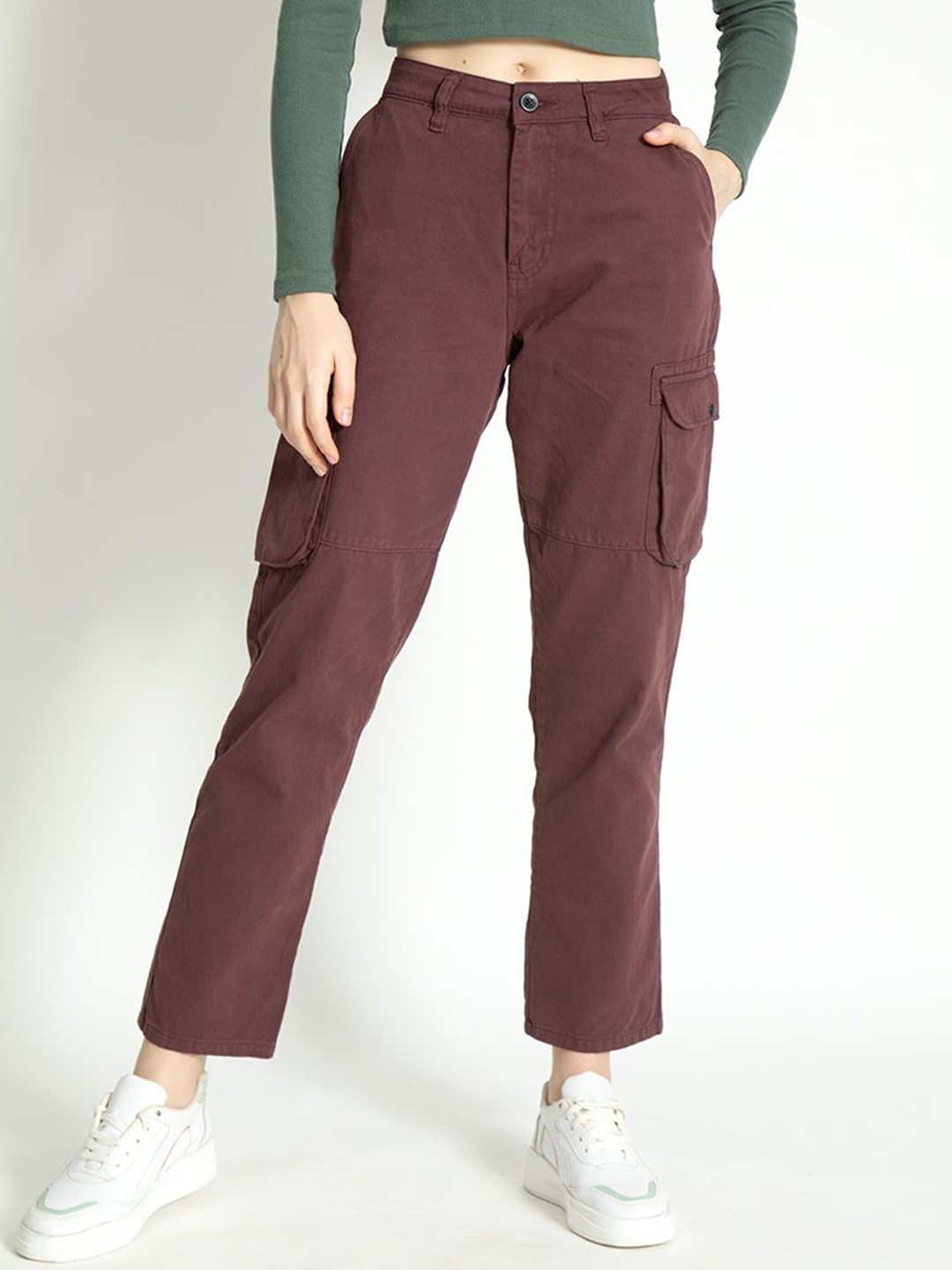 

The Roadster Lifestyle Co Women Pure Cotton Mid Rise Cargo Trousers, Purple