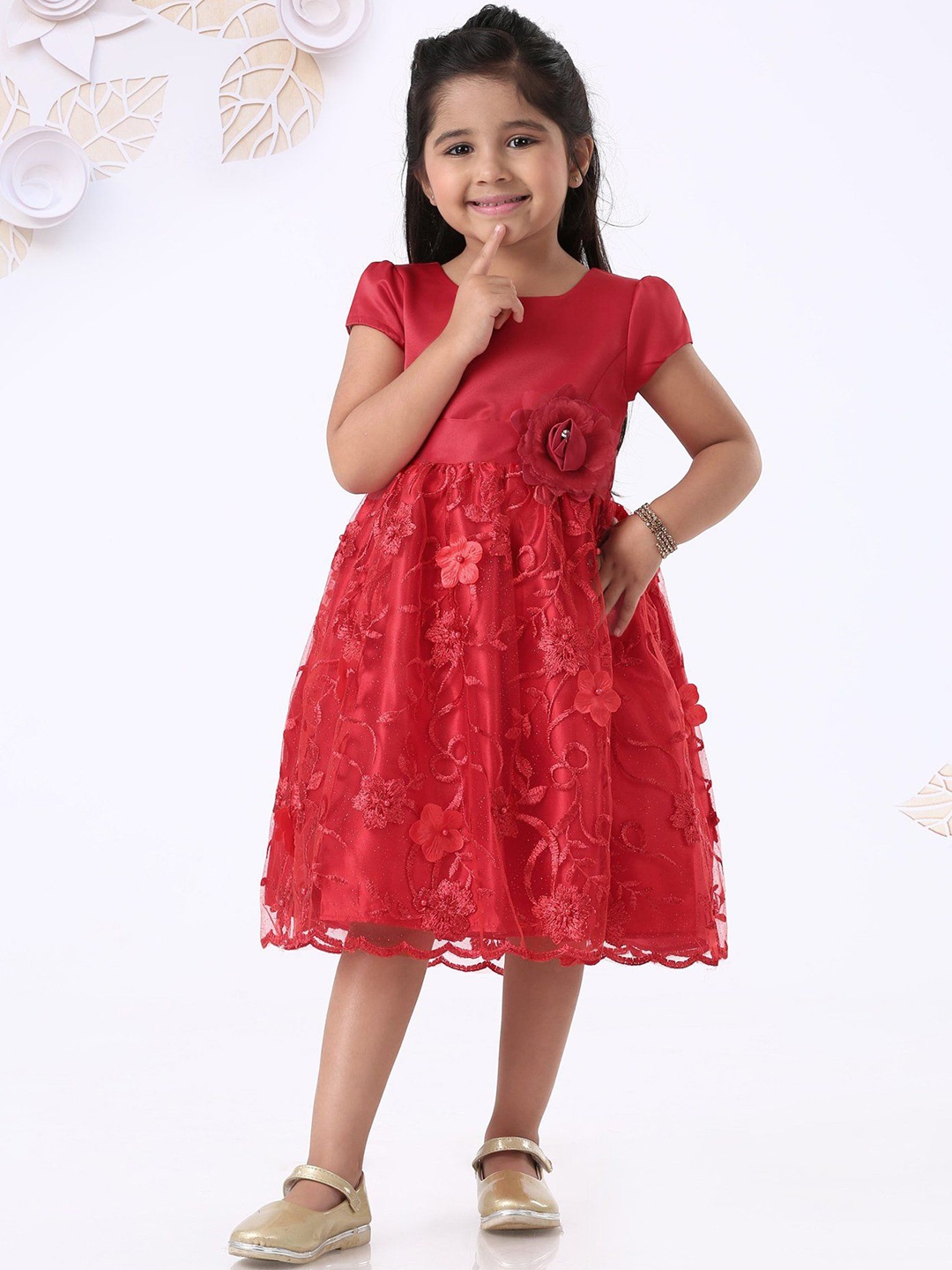

Mark & Mia Girl's Floral Puff Sleeve Fit & Flare Dress, Red