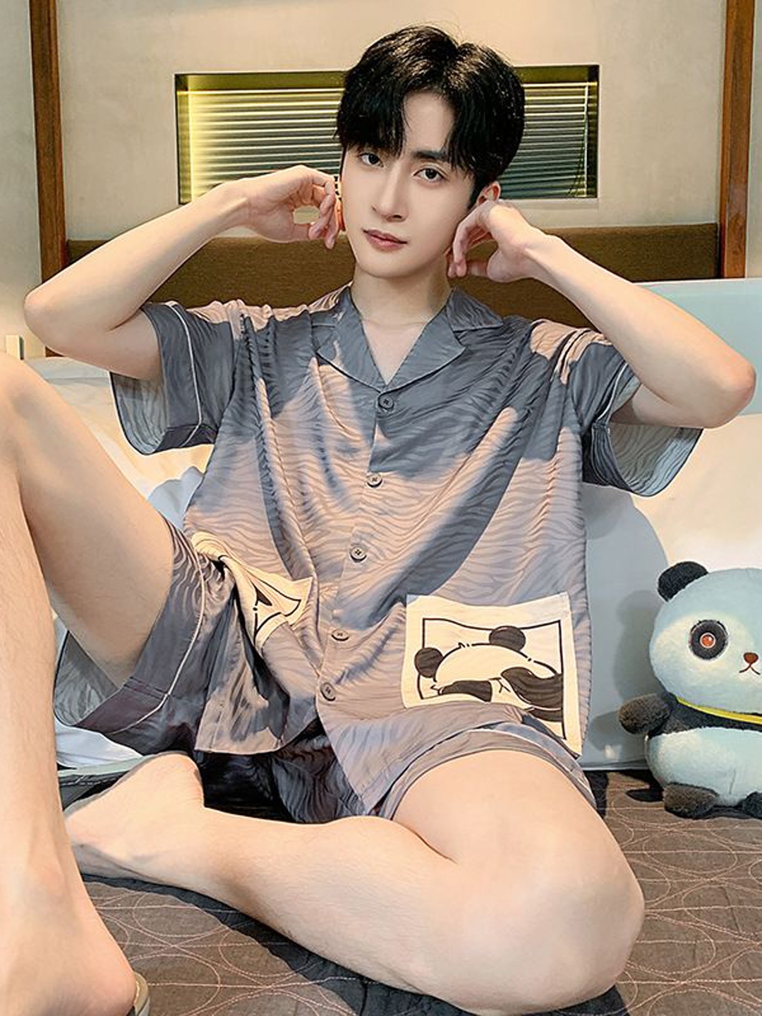 

StyleCast Printed Lapel Collar Short Sleeves Shirt With Shorts Night Suit, Grey