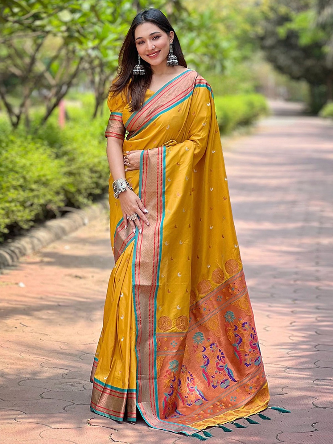 

ODETTE Woven Design Zari Saree, Mustard