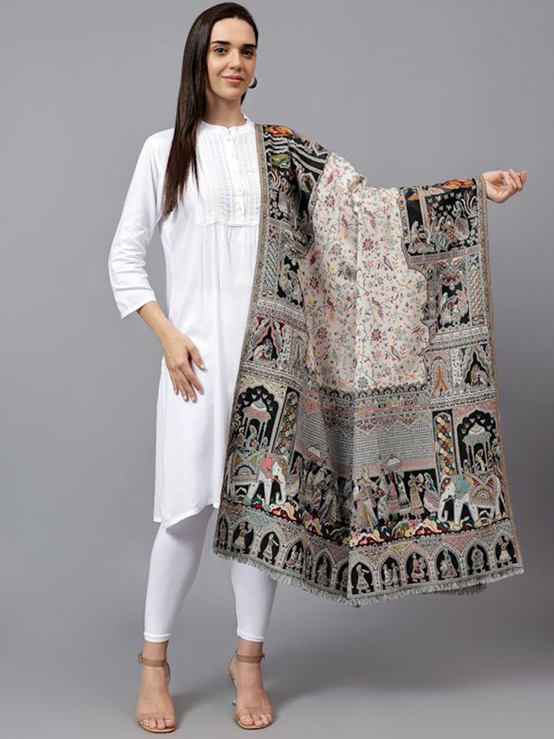 

Mizash Ethnic Motifs Printed Pure Woollen Shawl, White