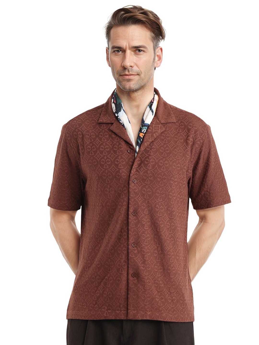 

RARE RABBIT Men Comfort Cuban Collar Textured Cotton Boxy Casual Shirt, Brown