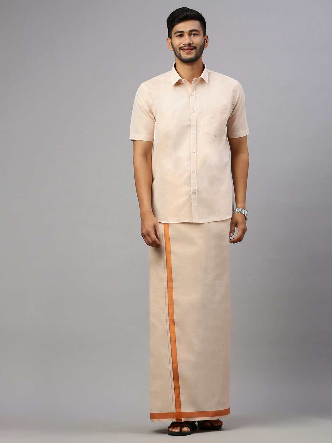 

Ramraj Men Cotton Blend Dhoti & Half Sleeves Shirt Set, Copper
