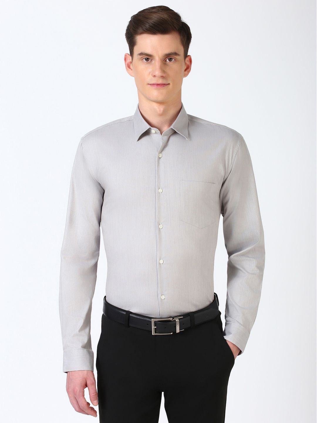 

Peter England Men Spread Collar Solid Cotton Casual Shirt, Grey