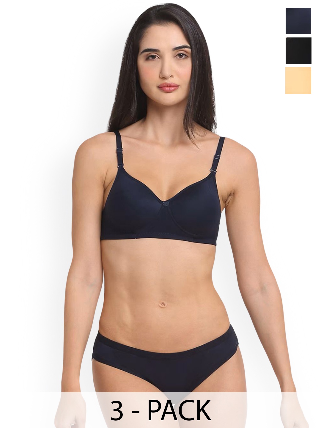 

Designer Bugs Women Pack Of 3 Lightly Padded Lingerie Set DBLS-B-Y-NB-30B, Black
