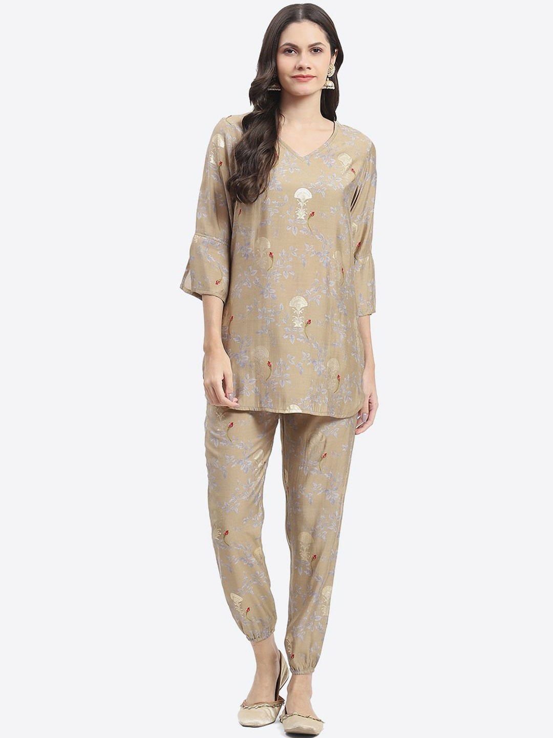 

Kurti's by Menka Printed Tunic & Trousers Co-Ords, Beige