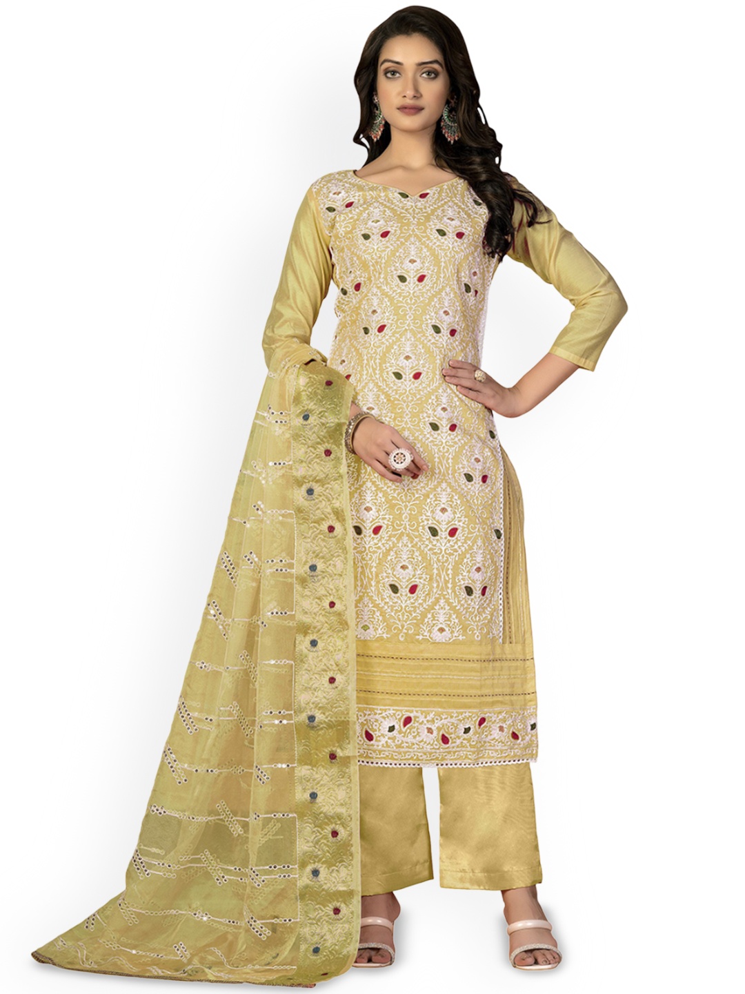 

Maroosh Floral Embroidered Unstitched Dress Material, Yellow