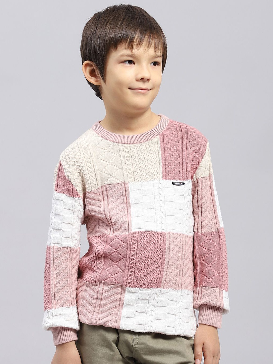 

Monte Carlo Boys Cotton Round Neck Cable Knit Pullover, Pink