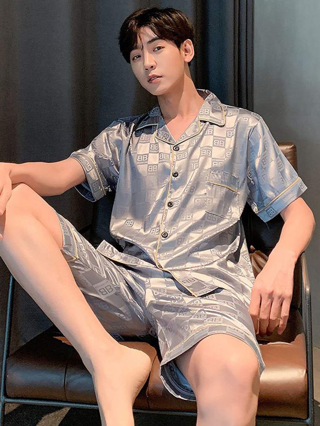 

StyleCast Printed Shirt With Shorts Night Suits, Grey