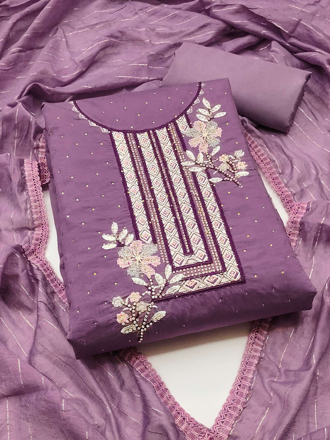 

Peachmode Floral Embroidered Beads and Stones Unstitched Dress Material, Purple