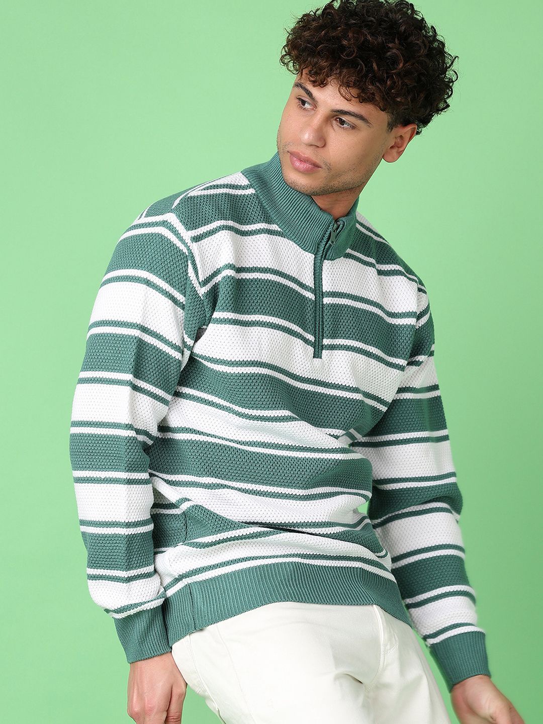 

V-Mart Men Striped High Neck Pullover, Green