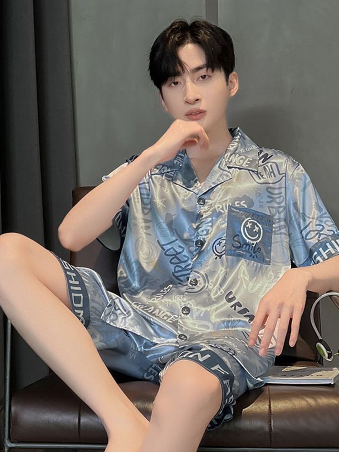 

StyleCast Grey Graphic Printed Lapel Collar Short Sleeves Shirt With Shorts