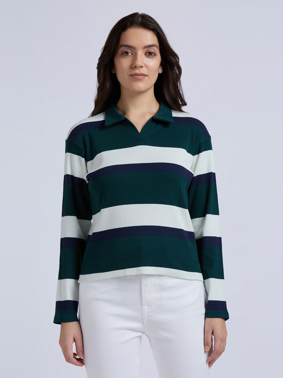 

Pepe Jeans Women Striped Polo Collar Cotton T-shirt, Green