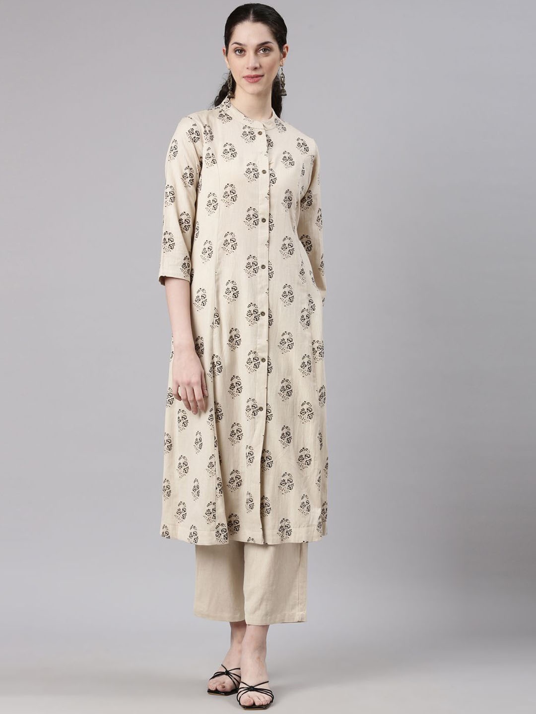 

Neerus Floral Printed Panelled Kurta With Trouser, Beige