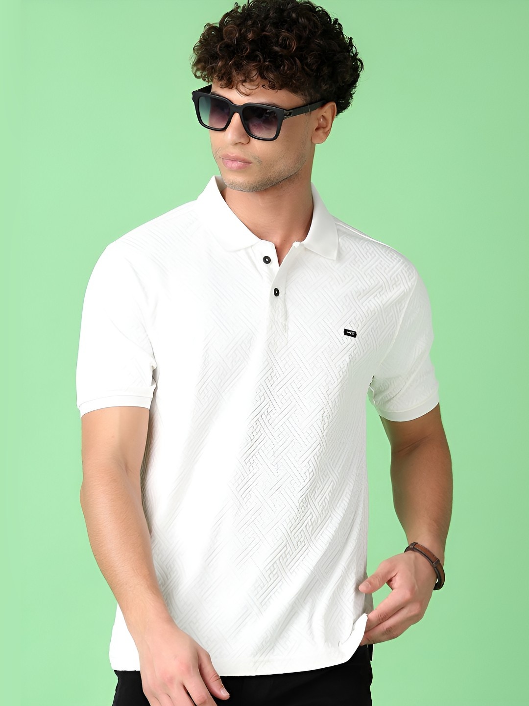 

V-Mart Men Self Design Polo Collar Cotton T-shirt, White