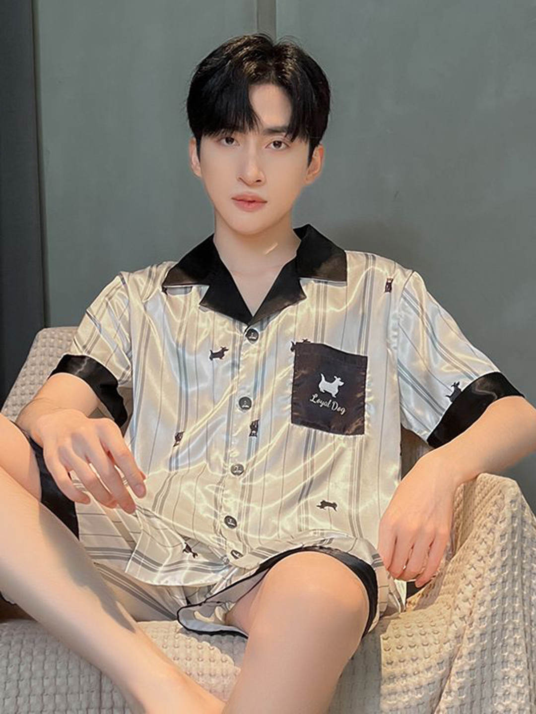 

StyleCast Striped Short Sleeves Shirt With Shorts Night Suit, Beige