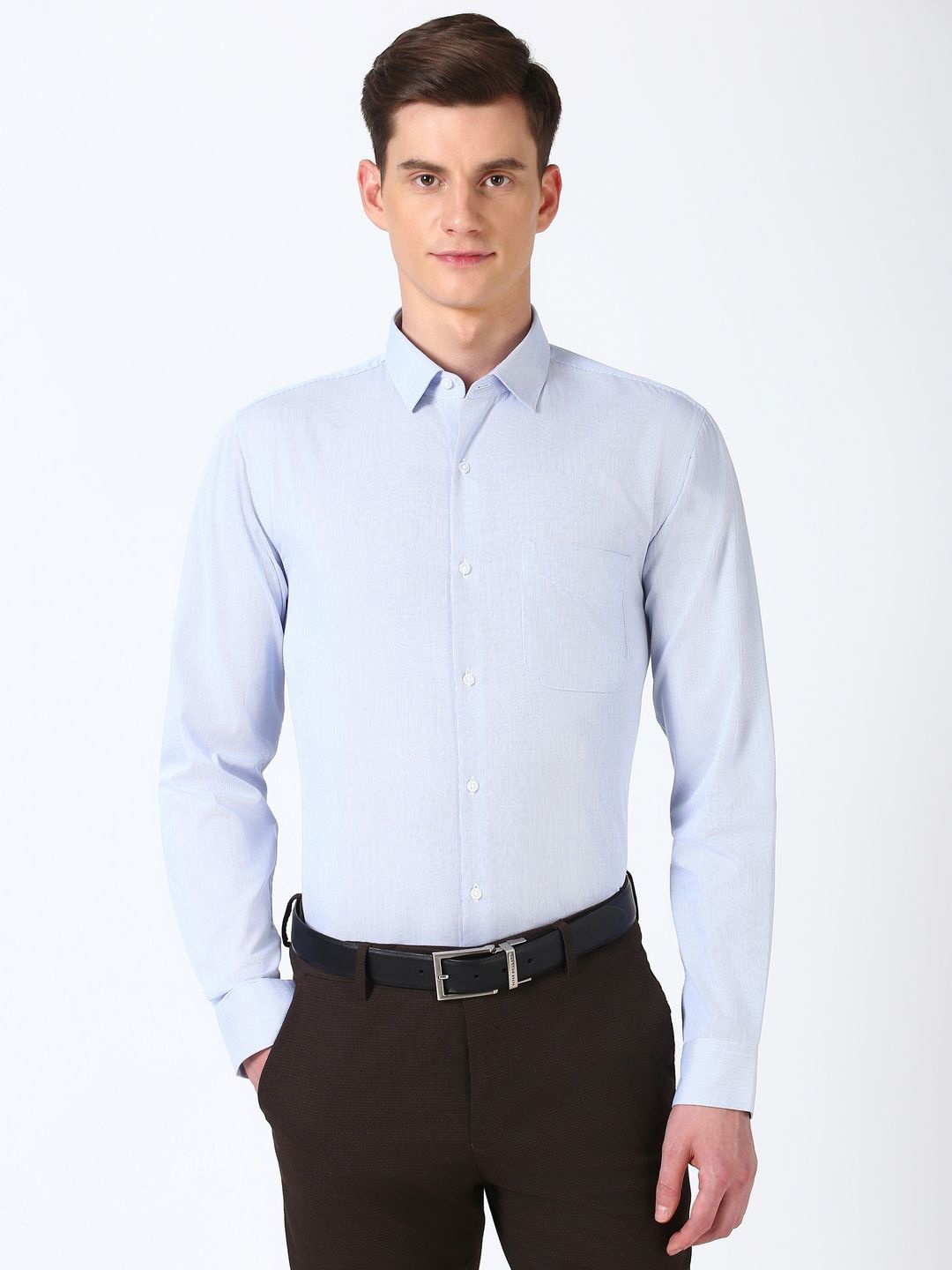 

Peter England Men Spread Collar Vertical Striped Cotton Slim Fit Casual Shirt, Blue