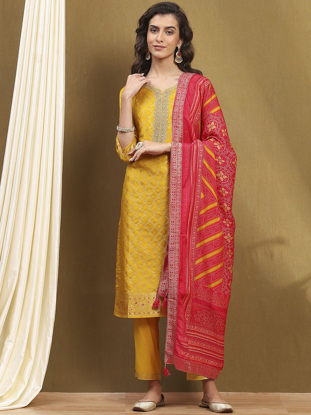 

Biba Ethnic Motifs Printed Regular Kurta with Palazzos & Dupatta, Yellow
