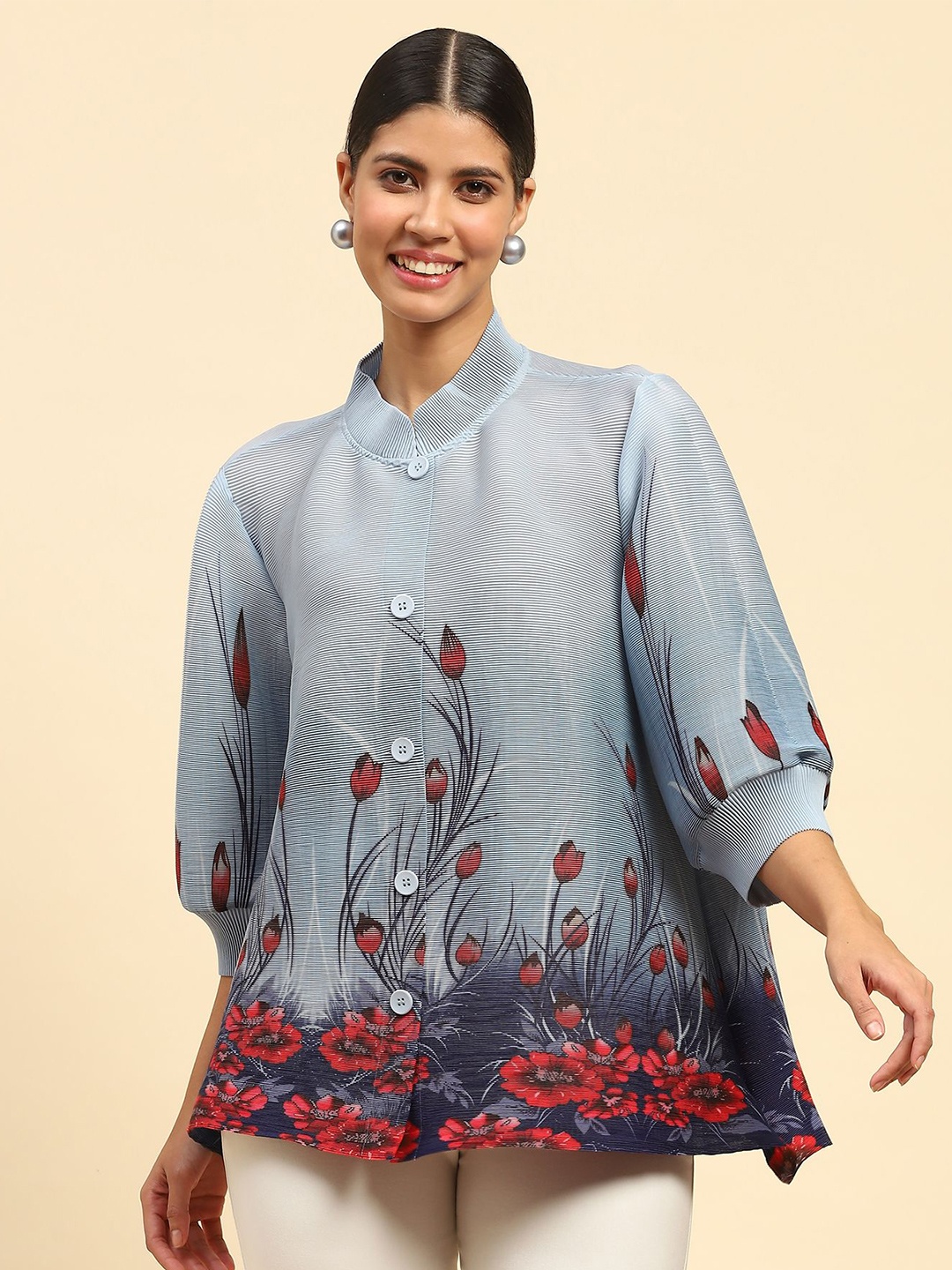 

Global Republic Women Classic Floral Opaque Printed Casual Shirt, Blue