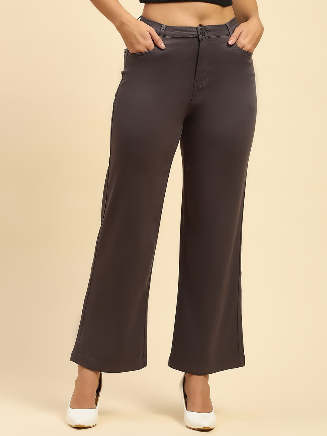 

Global Republic Women Smart Straight Fit High-Rise Easy Wash Trousers, Brown