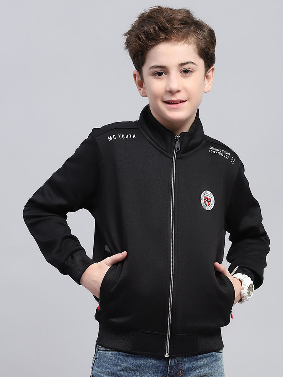

Monte Carlo Boys Mock Collar Front-Open Sweatshirt, Black
