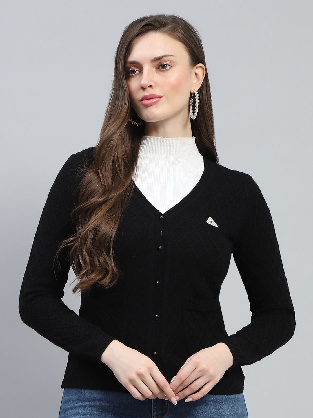 

Monte Carlo Women V-Neck Self Design Woollen Casual Cardigan, Black