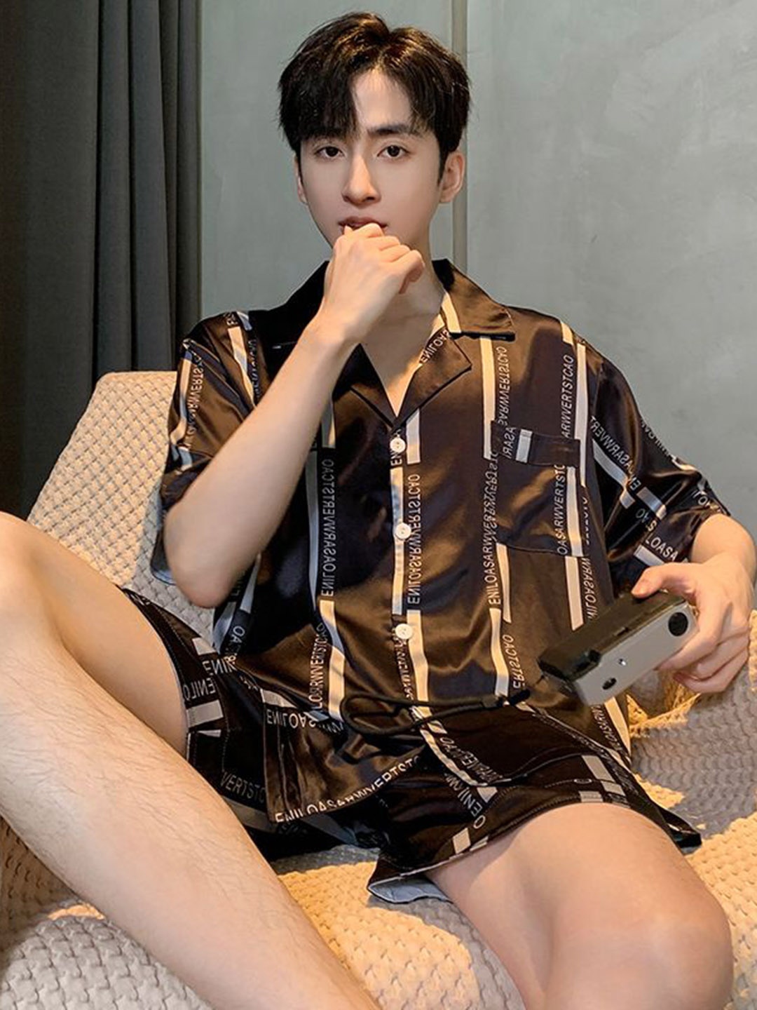 

StyleCast Striped Shirt With Shorts Night Suit, Brown