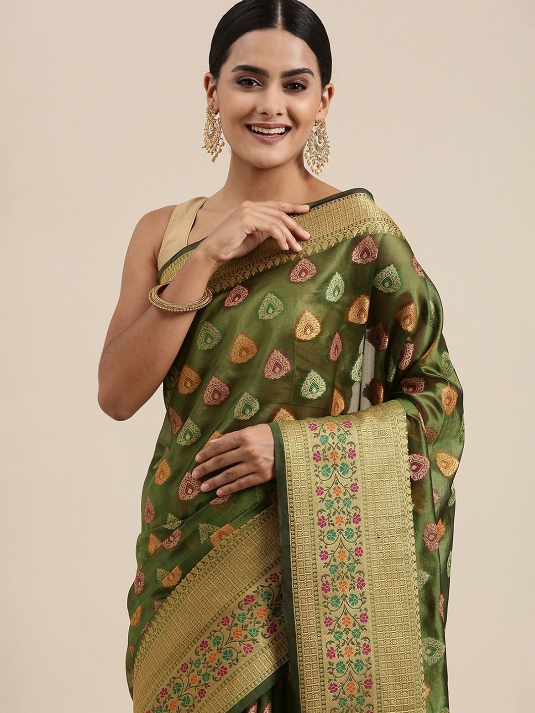 

ISHIKA FAB Woven Design Zari Silk Cotton Kanjeevaram Saree With Blouse Piece, Green