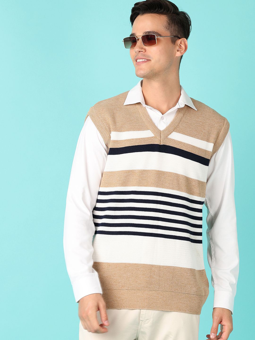 

V-Mart Men Striped Sleeveless Cotton Sweater Vest, Beige