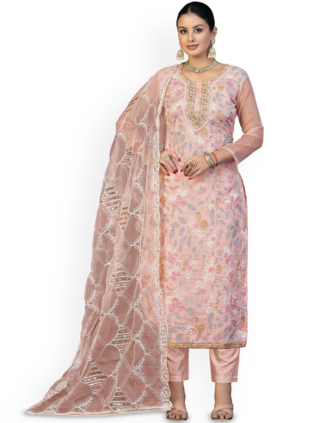 

Maroosh Ethnic Motifs Embroidered Beads and Stones Organza Unstitched Dress Material, Peach