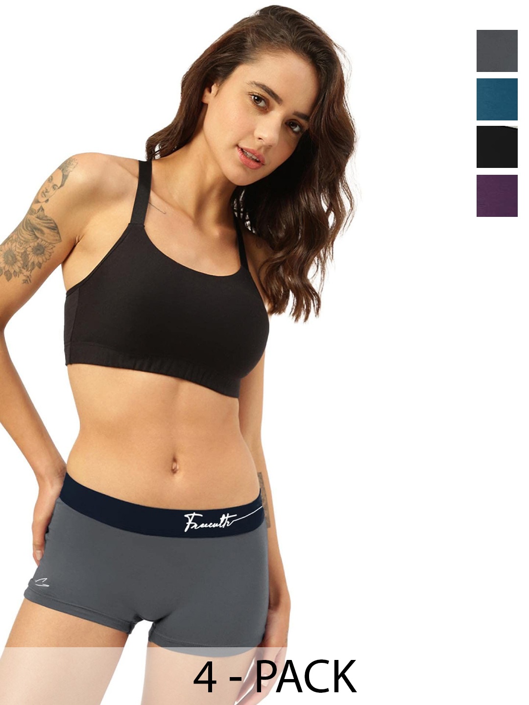 

FREECULTR Women Pack Of 4 Antibacterial Mid-Rise Boxer-Style Boy Short Briefs, Grey