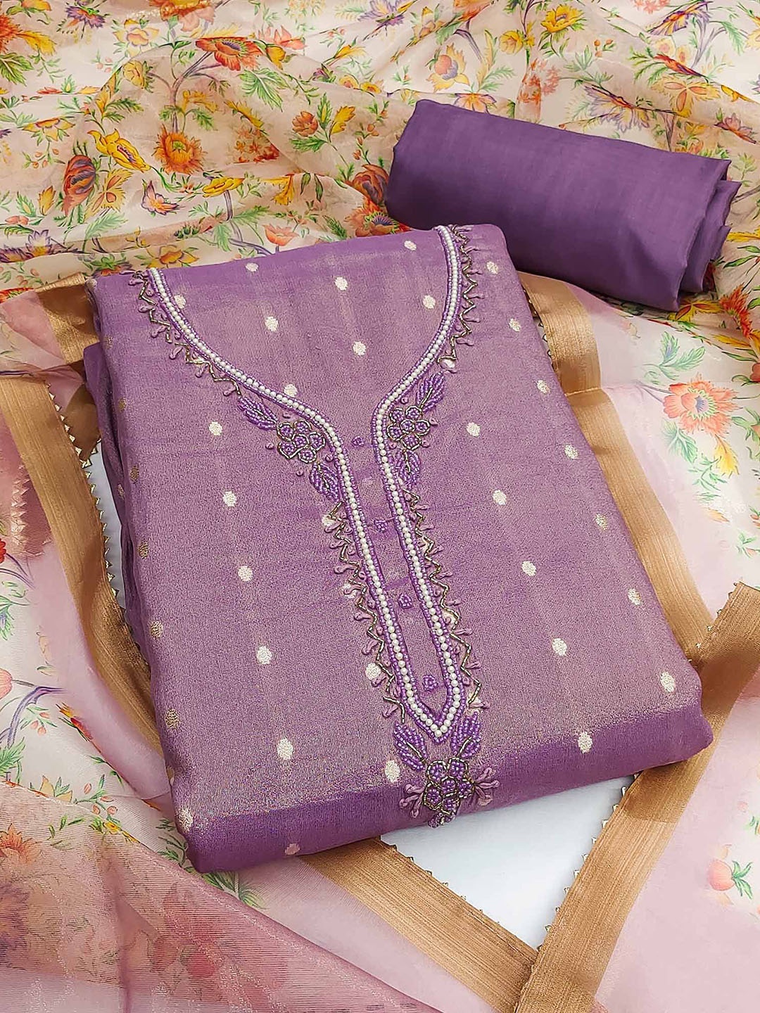 

Peachmode Geometric Woven Design Beads and Stones Unstitched Dress Material, Purple