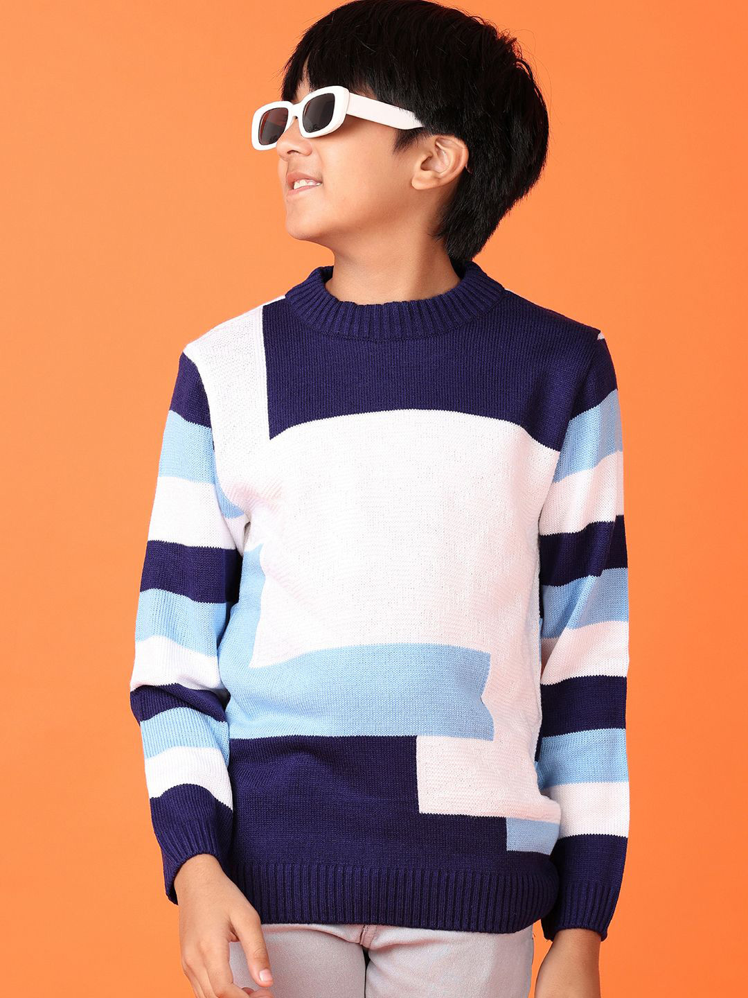 

V-Mart Boys Round Neck Colourblocked Cotton Pullover, Navy blue