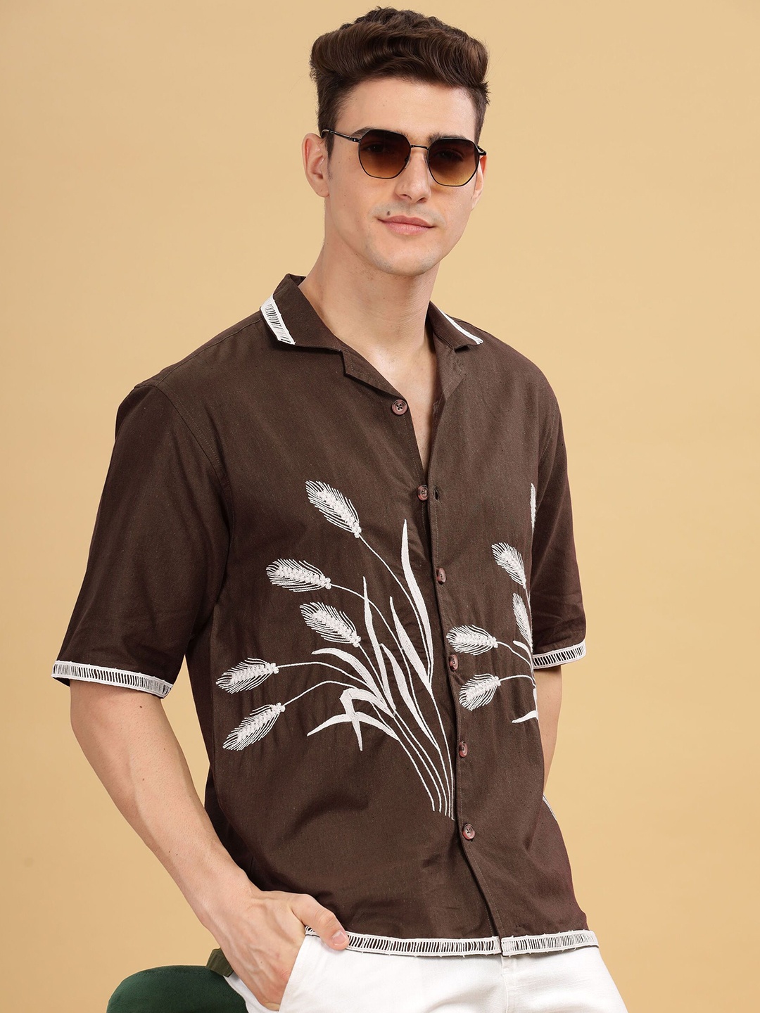 

HAMPTONS Men Cuban Collar Floral Printed Cotton Casual Shirt, Brown