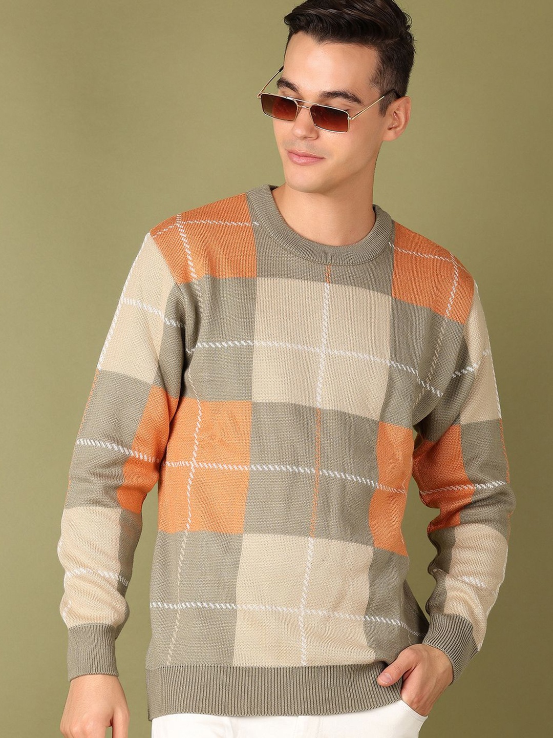 

V-Mart Men Geometric Checked Pullover, Brown