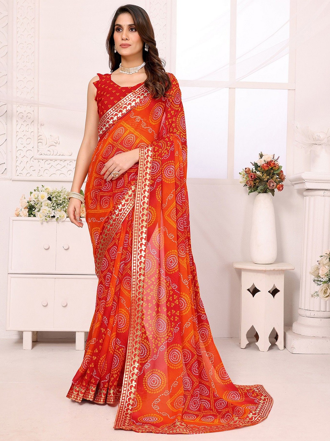 

KALINI Bandhani Printed Embroidered Saree, Red