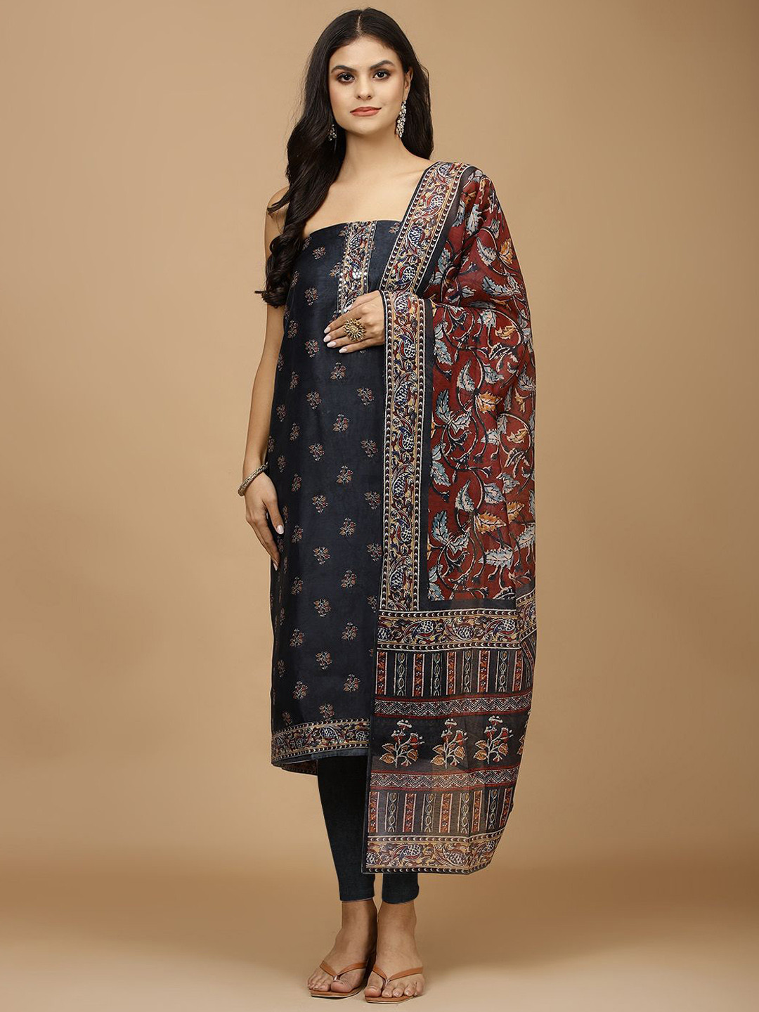 

Meena Bazaar Printed Mirror Work Unstitched Dress Material, Blue