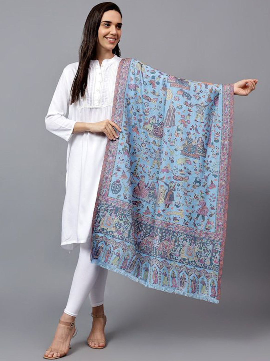 

Mizash Floral Printed Pure Woollen Shawl, Blue