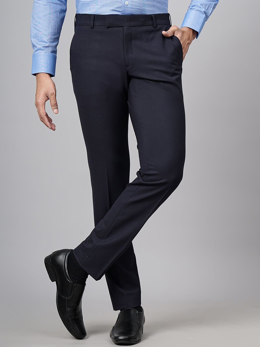 

JADE BLUE Men Navy Blue Cotton Slim Fit Mid-Rise Formal Trousers