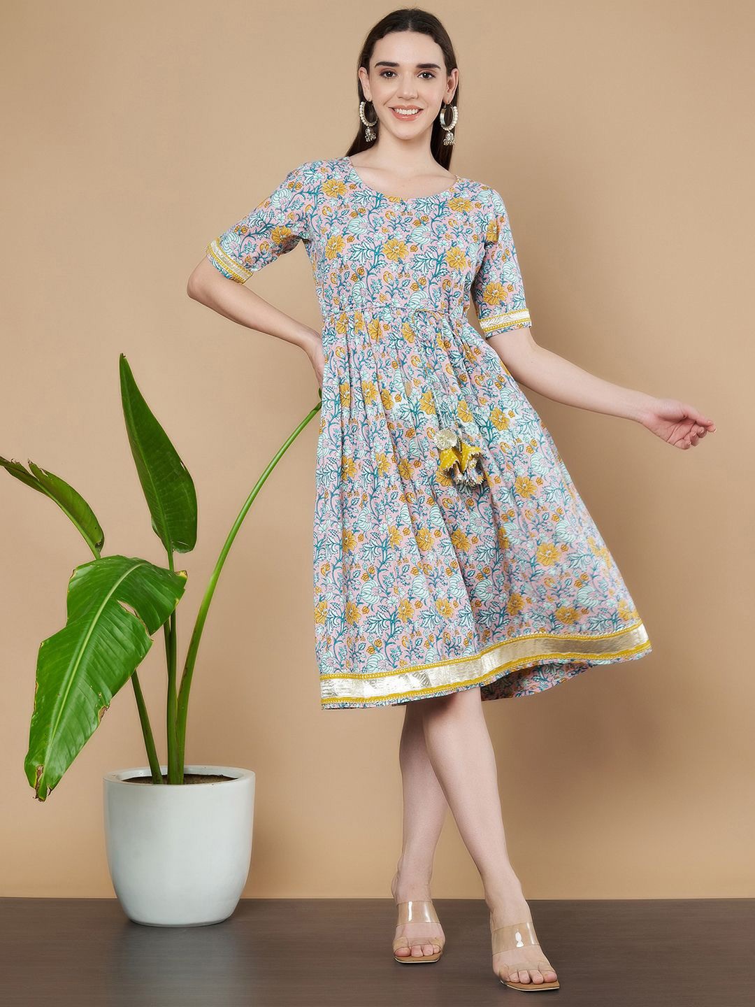 

COTLAND FASHION Floral Printed Ethnic Dress, Blue