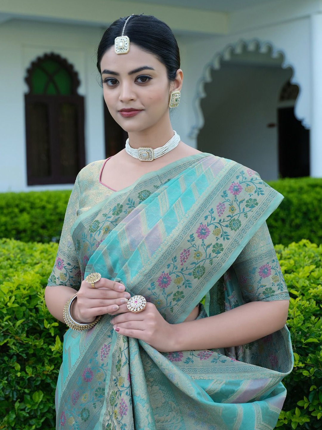 

ISHIKA FAB Woven Design Zari Organza Banarasi Saree, Blue