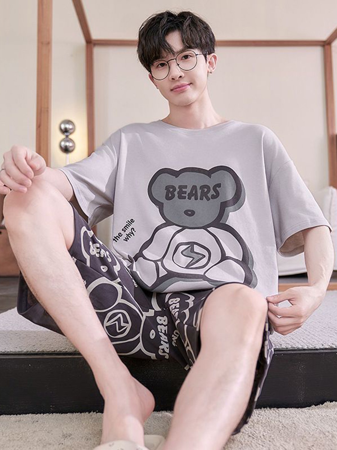 

StyleCast Printed Round Neck Short Sleeves Pure Cotton T-Shirt With Shorts, Grey