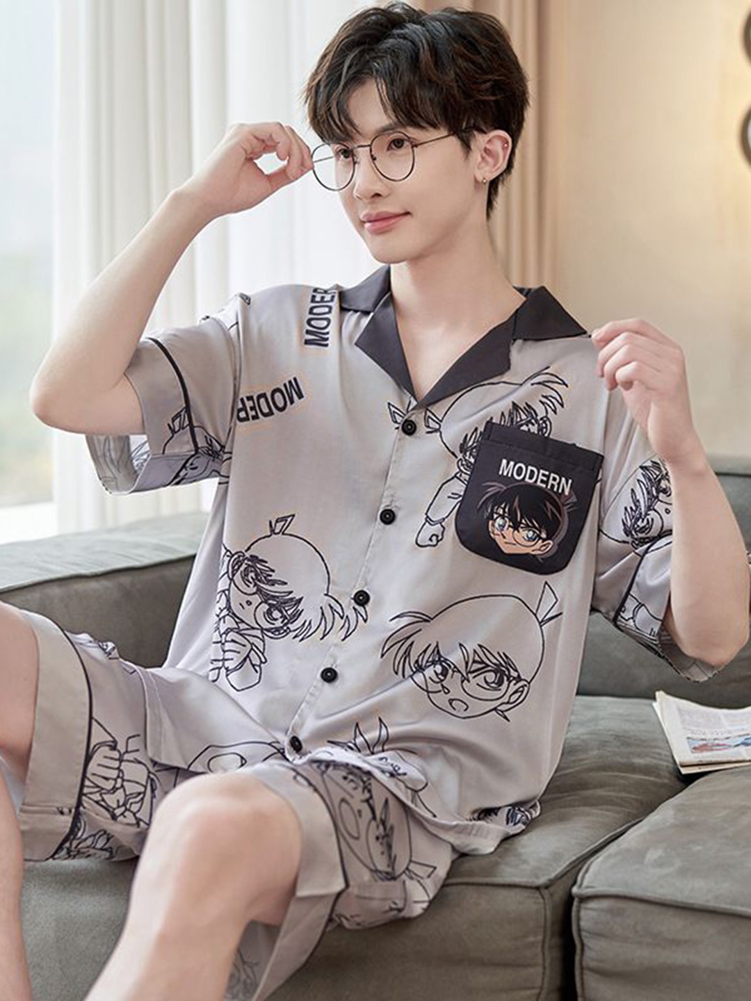 

StyleCast Men Printed Shirt With Shorts Night Suit, Beige