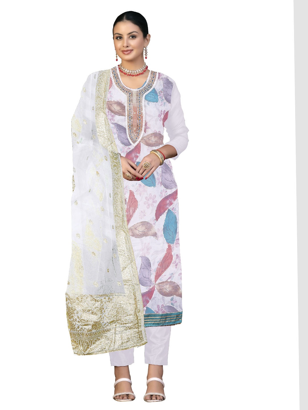 

Maroosh Floral Embroidered Organza Unstitched Dress Material, Off white
